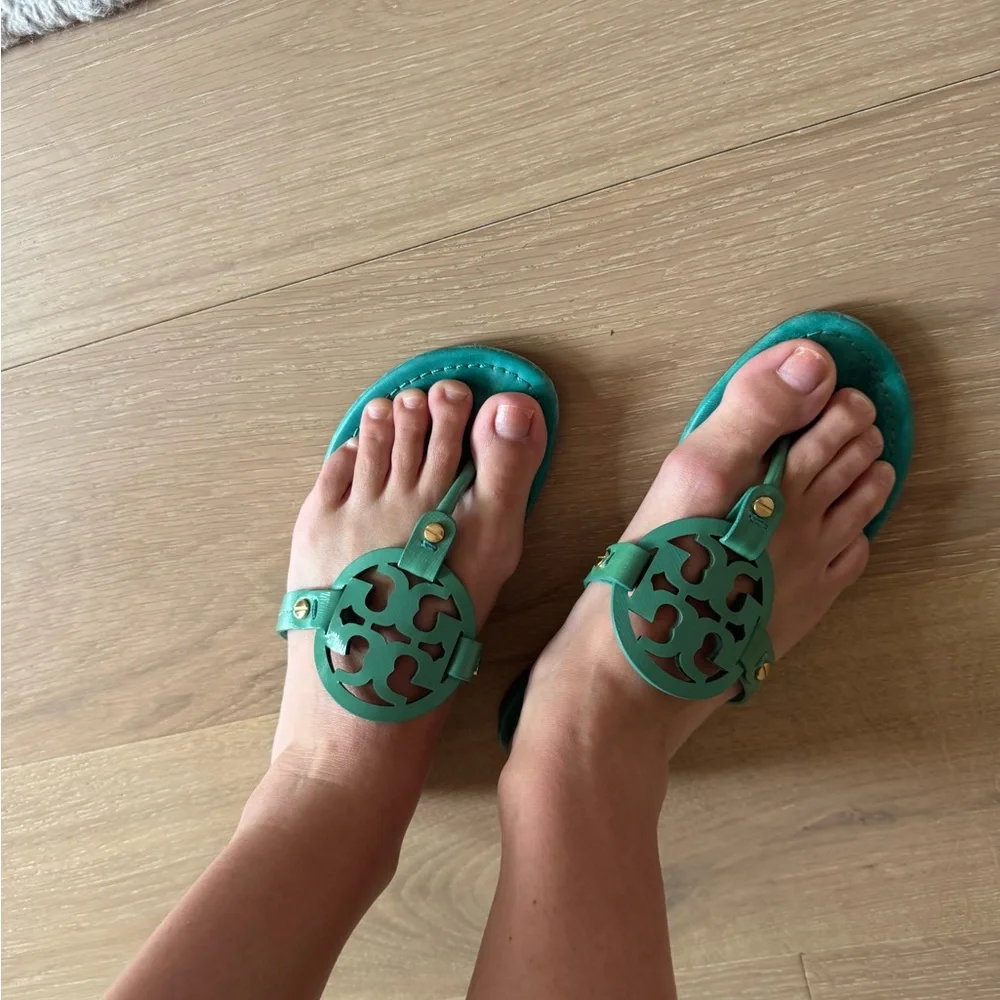Tory Burch Teal Cutout Logo Thong Sandals with Gold Studs - Picture 3 of 3